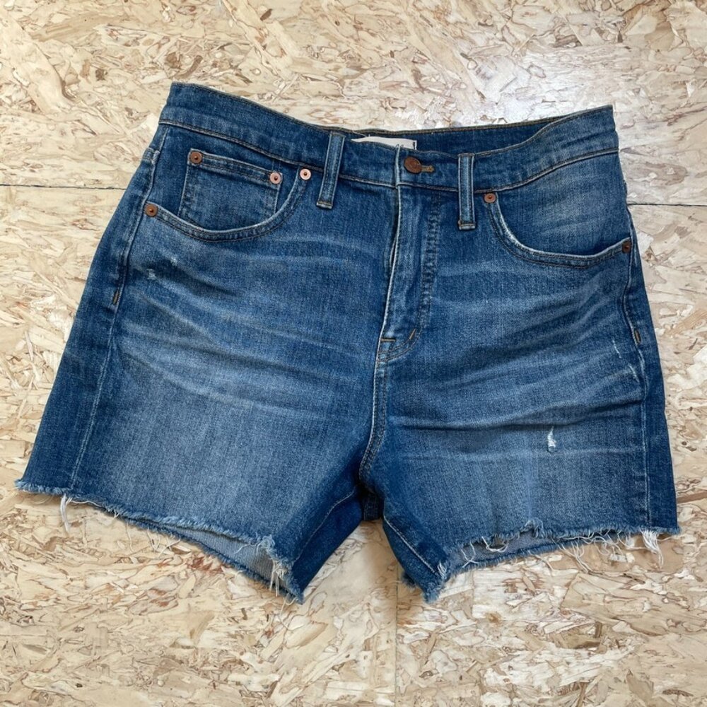 Madewell Dark Wash Blue Mid Distressed Denim Shorts Raw Hem Womens Size 28